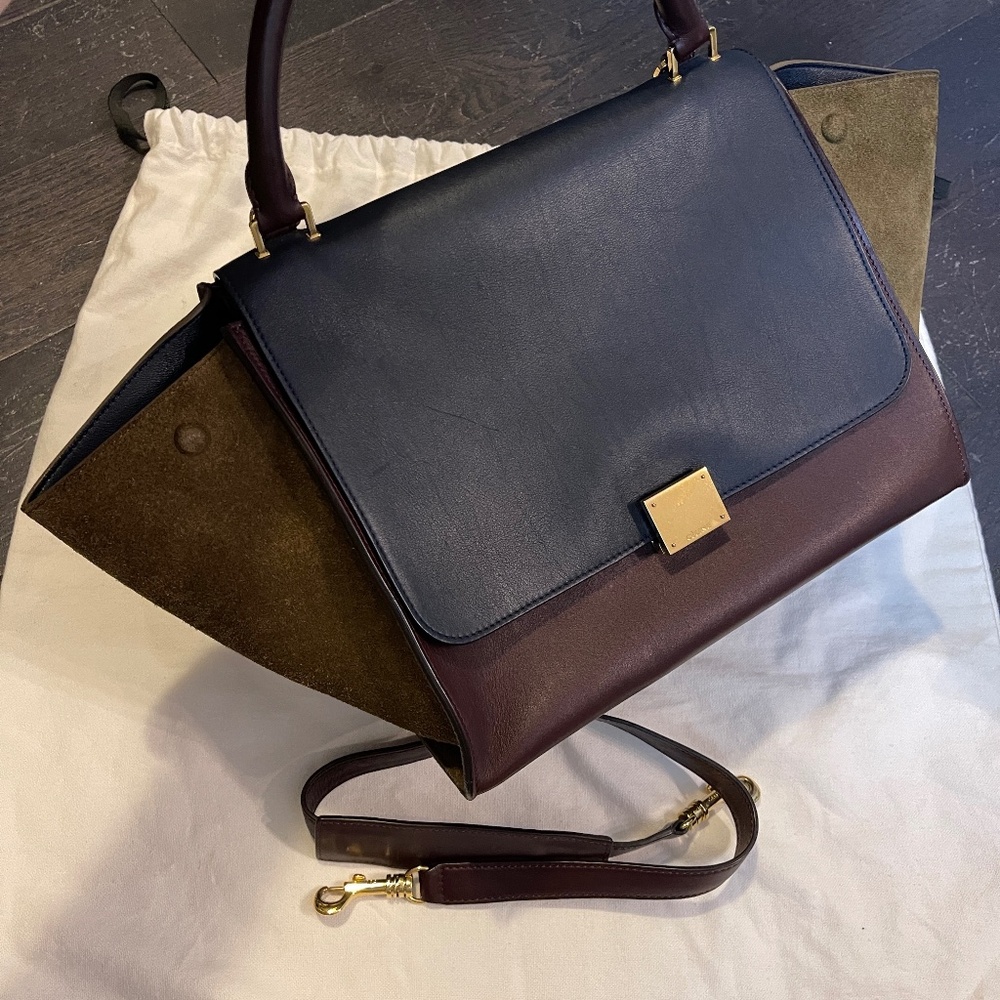CELINE Phoebe Philo Trapeze Trapeze bag handbag tri color blue brown burgundy